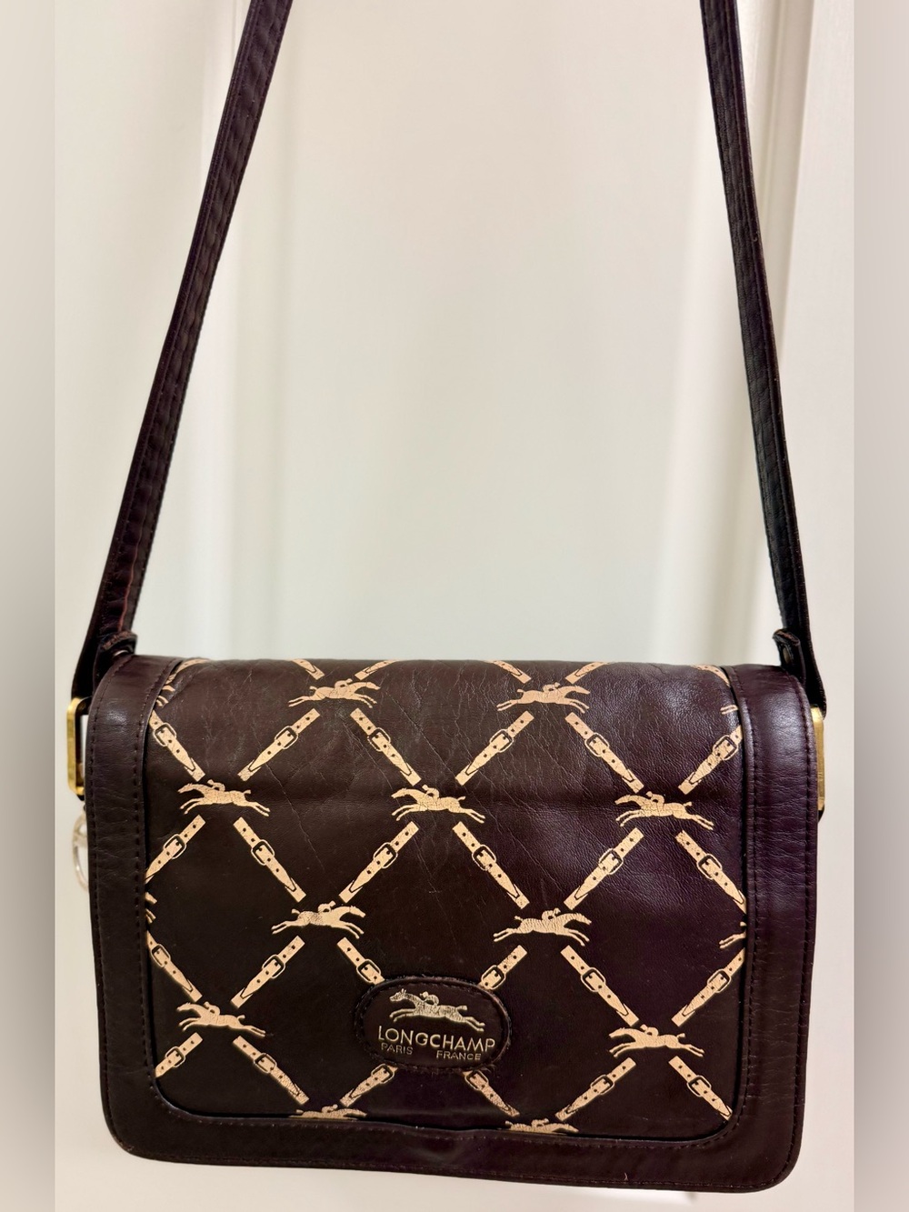 LONGCHAMP Vintage Rare Collectors Equestrian Print Brown Leather Crossbody
